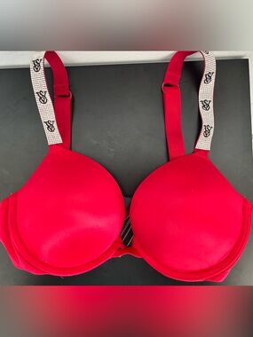 Victoria's Secret Red Padded Bra with Rhinestone Logo Straps